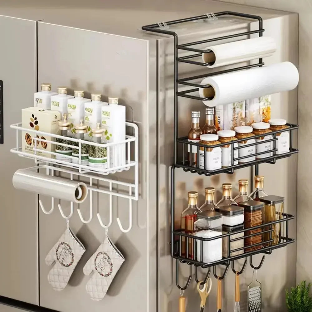 Magnetic Fridge Spice Rack, Space Saving Organizer Black Shelf on Refrigerator, Kitchen Paper Towel Holder, Foldable Design - Confia - reusablefoodstoragebags confia
