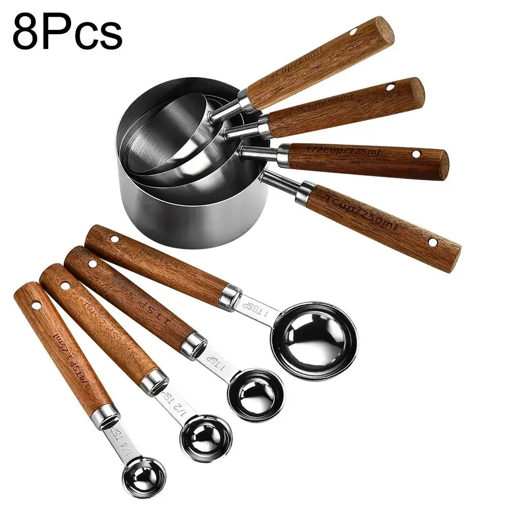 1/4/8pcs Stainless Steel Measuring Spoons With Scale Wooden Handle Household Kitchen Dining Bar Baking Tools Measuring Cups - Confia