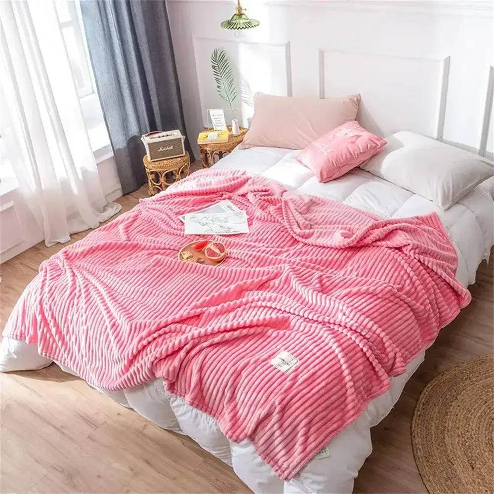 Striped Flannel Blankets For Beds Solid Pink Blue Color Soft Warm Mink Throw Sofa Cover Bedspread Beach Airplane Travel Blankets - Confia - reusablefoodstoragebags confia