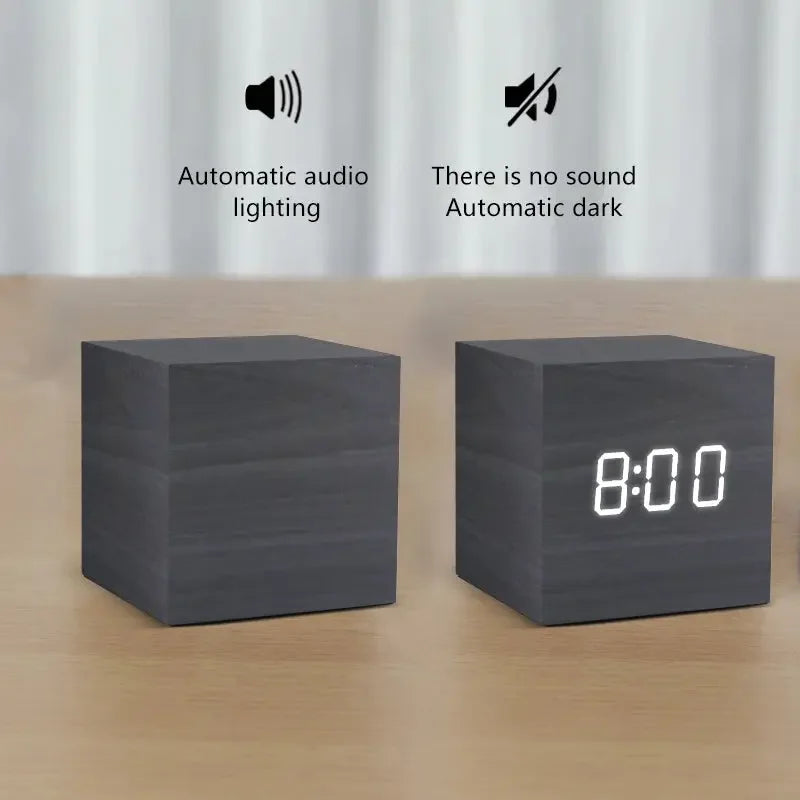 Alarm Clock LED Wooden Watch Table Voice Control Digital Wood Despertador USB/AAA Powered Electronic Desktop Clocks - Confia