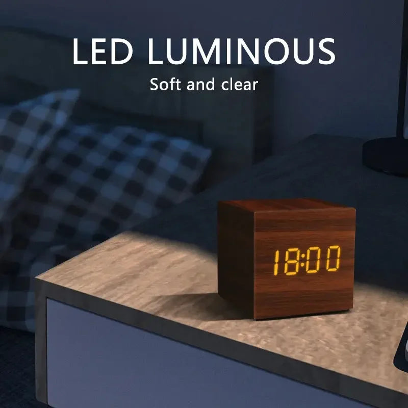 Alarm Clock LED Wooden Watch Table Voice Control Digital Wood Despertador USB/AAA Powered Electronic Desktop Clocks - Confia