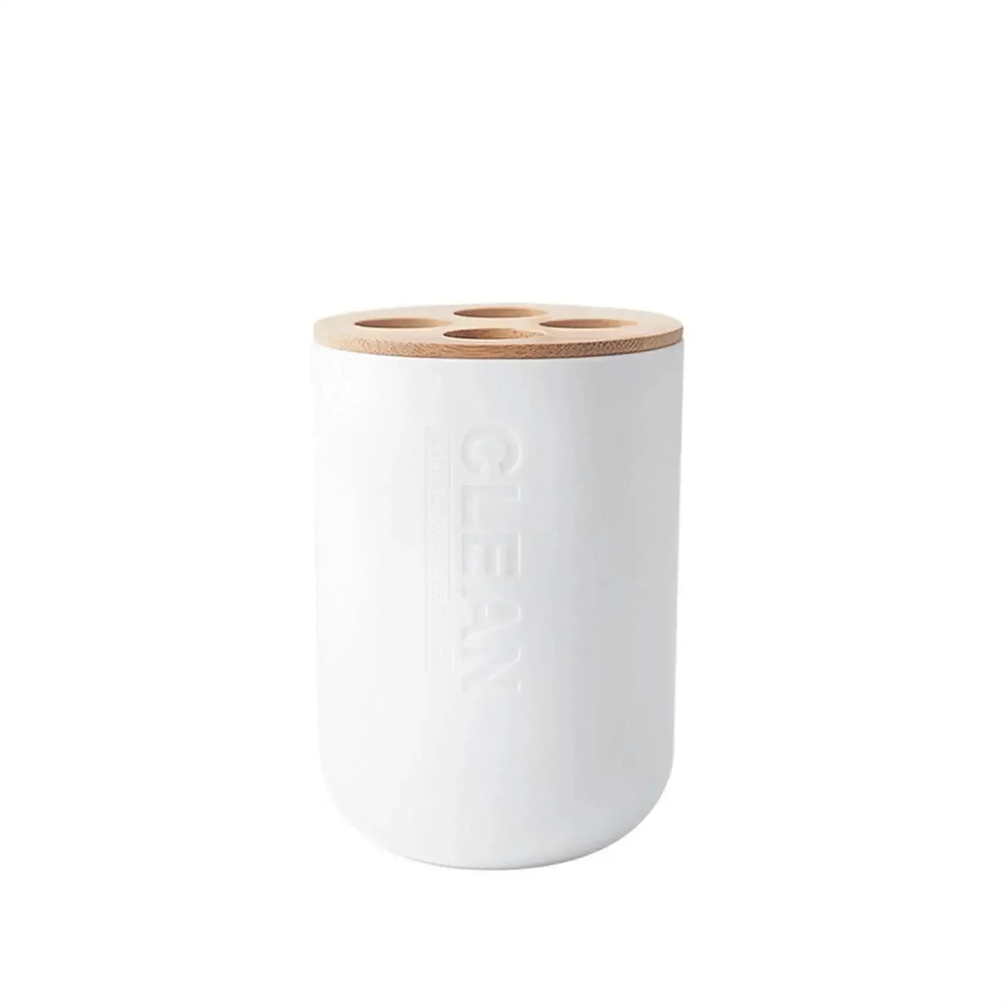 Bathroom Wash Accessories Bamboo Wood Set Ribbed Design with Bamboo Accents, Includes Soap Dispenser, Toothbrush Holder, Tumbler & Soap Dish (White) - Confia - reusablefoodstoragebags confia