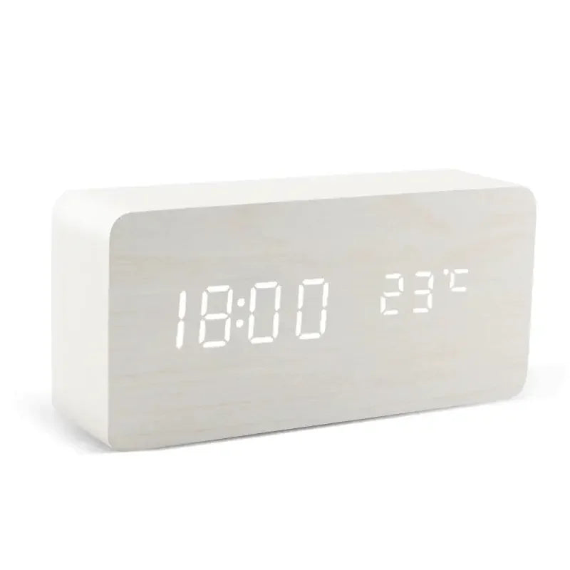 Alarm Clock LED Wooden Watch Table Voice Control Digital Wood Despertador USB/AAA Powered Electronic Desktop Clocks - Confia