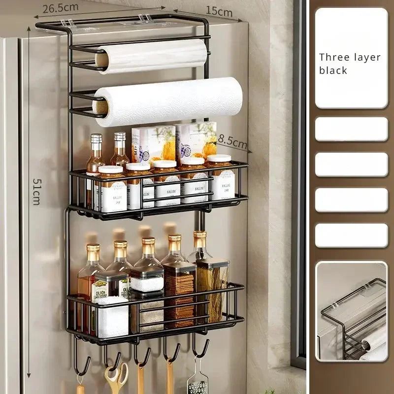 Magnetic Fridge Spice Rack, Space Saving Organizer Black Shelf on Refrigerator, Kitchen Paper Towel Holder, Foldable Design - Confia - reusablefoodstoragebags confia