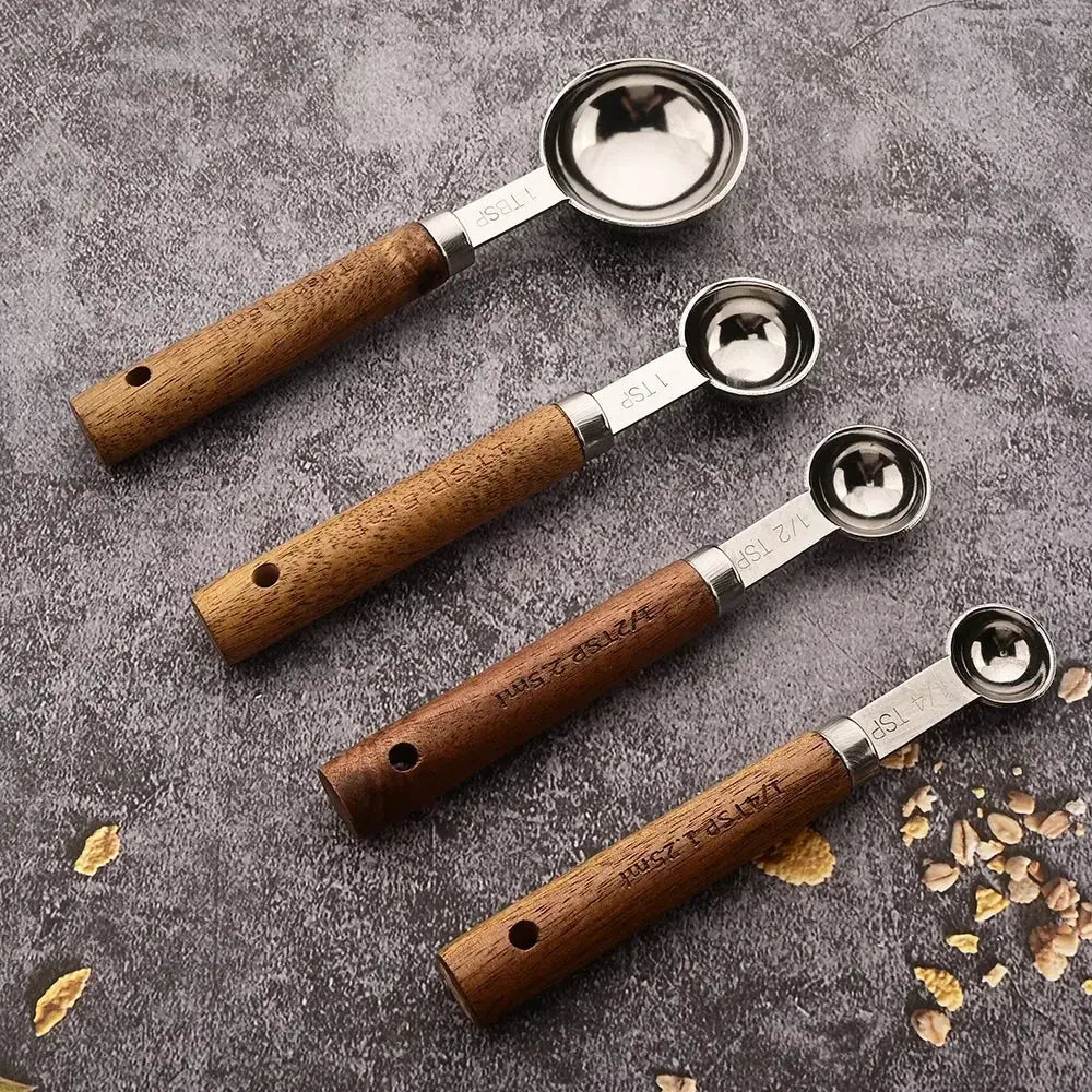 1/4/8pcs Stainless Steel Measuring Spoons With Scale Wooden Handle Household Kitchen Dining Bar Baking Tools Measuring Cups - Confia