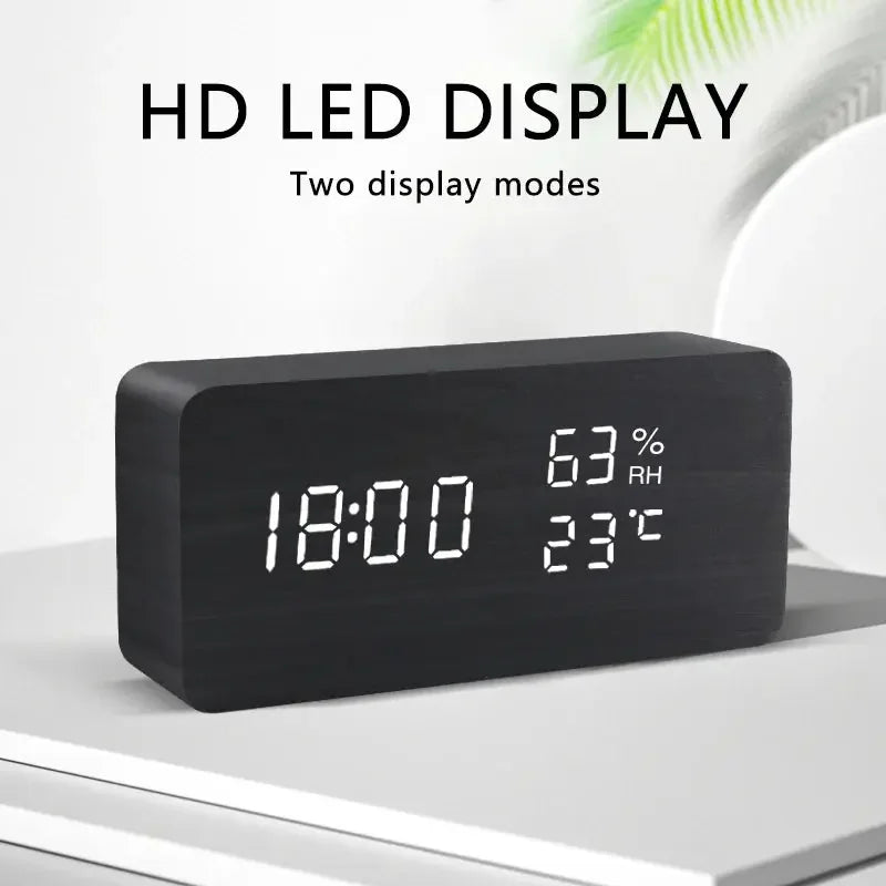 Alarm Clock LED Wooden Watch Table Voice Control Digital Wood Despertador USB/AAA Powered Electronic Desktop Clocks - Confia
