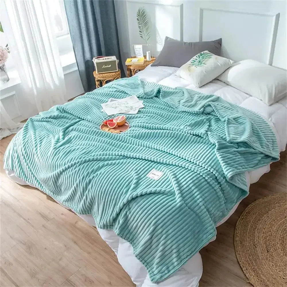 Striped Flannel Blankets For Beds Solid Pink Blue Color Soft Warm Mink Throw Sofa Cover Bedspread Beach Airplane Travel Blankets - Confia - reusablefoodstoragebags confia