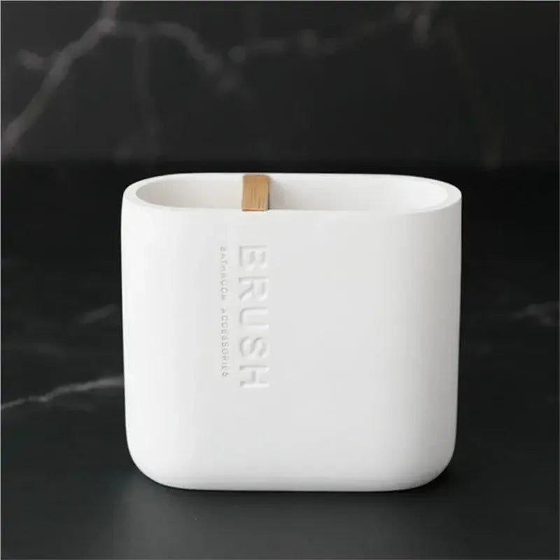 Bathroom Wash Accessories Bamboo Wood Set Ribbed Design with Bamboo Accents, Includes Soap Dispenser, Toothbrush Holder, Tumbler & Soap Dish (White) - Confia - reusablefoodstoragebags confia