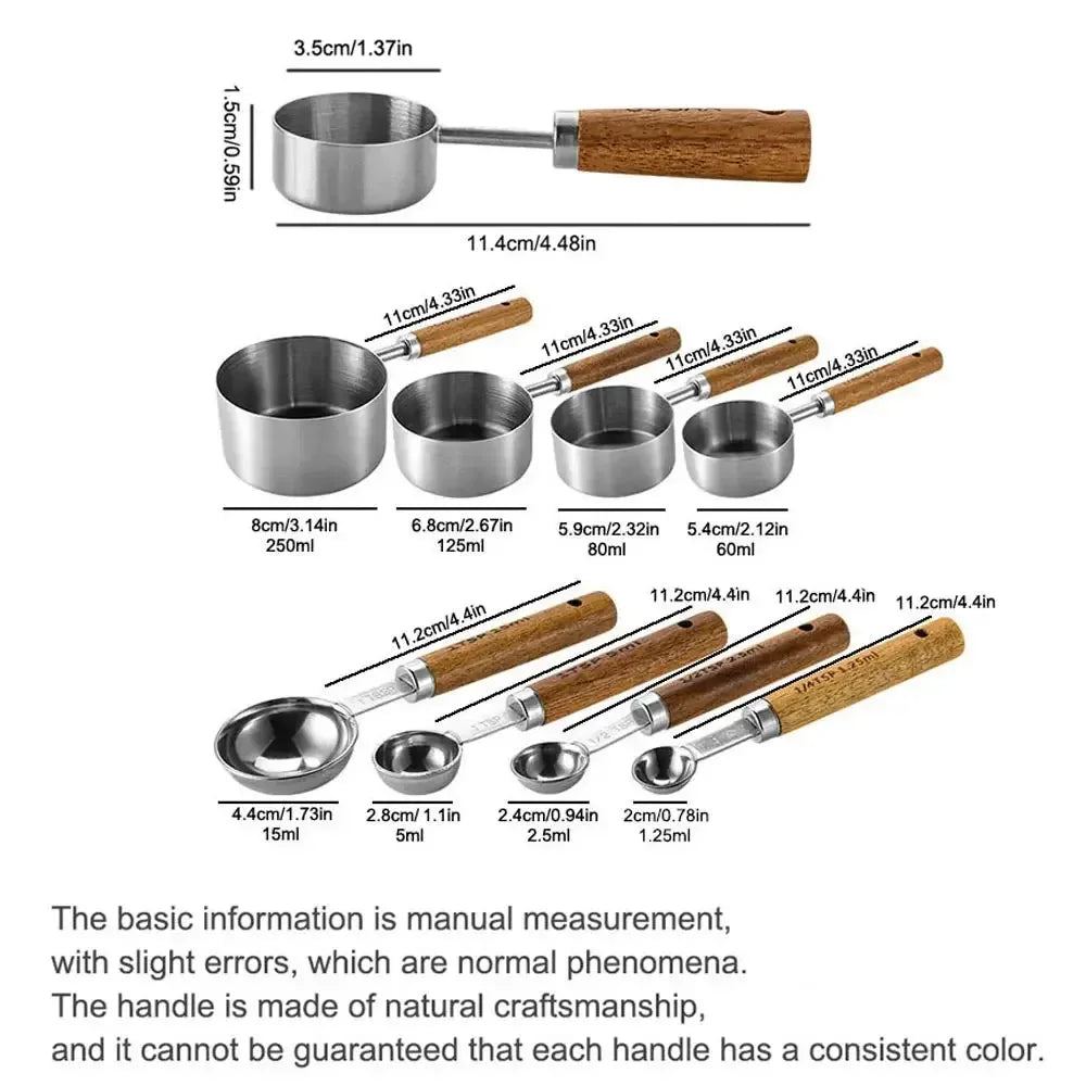 1/4/8pcs Stainless Steel Measuring Spoons With Scale Wooden Handle Household Kitchen Dining Bar Baking Tools Measuring Cups - Confia