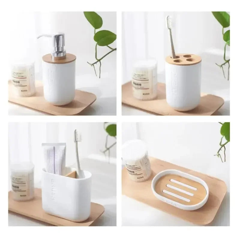 Bathroom Wash Accessories Bamboo Wood Set Ribbed Design with Bamboo Accents, Includes Soap Dispenser, Toothbrush Holder, Tumbler & Soap Dish (White) - Confia - reusablefoodstoragebags confia