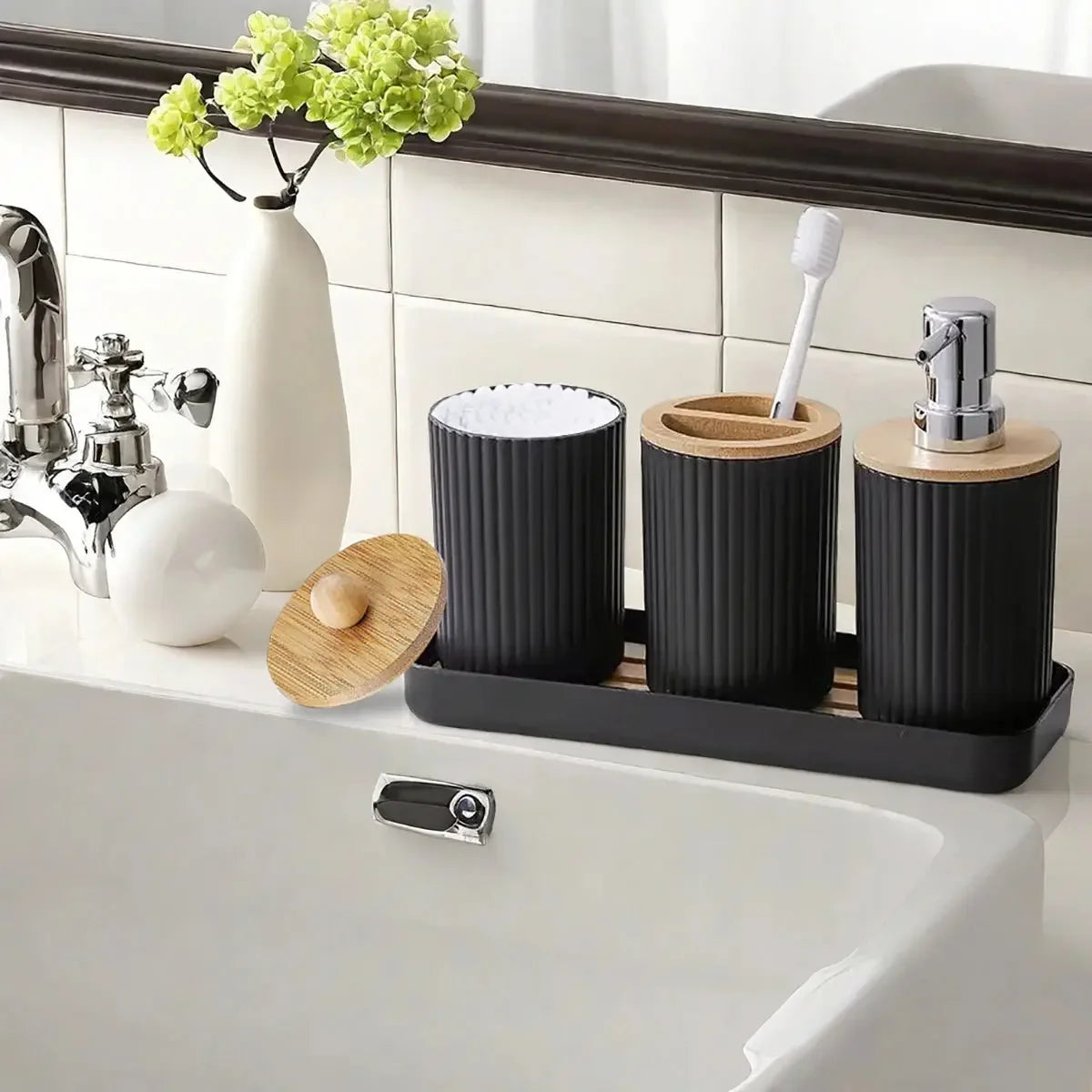 3-Piece Soap Dispenser Set for Bathroom – Soap Dispenser for Wash Basin, Toothbrush Holder, Vanity Tray & Countertop Organizer for Modern Bathroom Décor & Sink Storage - Confia - reusablefoodstoragebags confia
