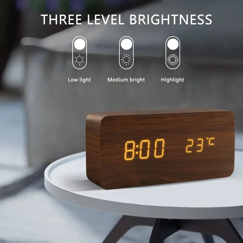 Alarm Clock LED Wooden Watch Table Voice Control Digital Wood Despertador USB/AAA Powered Electronic Desktop Clocks - Confia