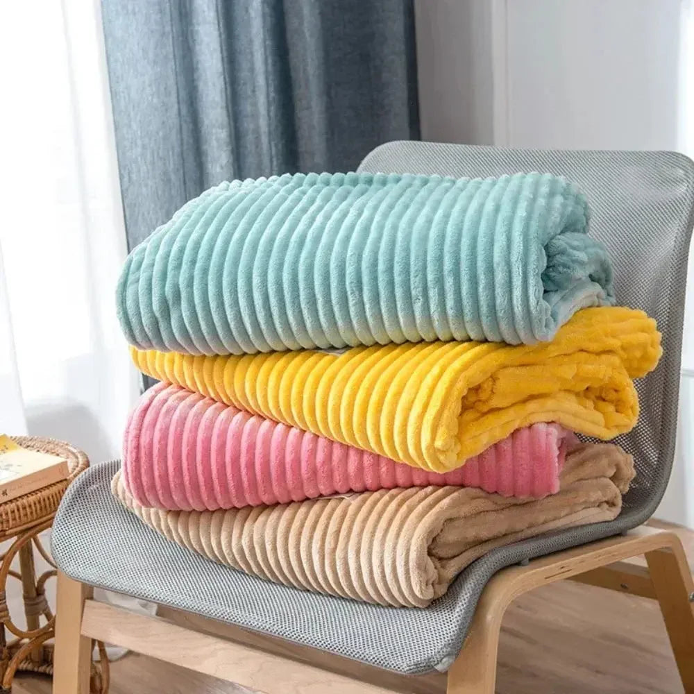 Striped Flannel Blankets For Beds Solid Pink Blue Color Soft Warm Mink Throw Sofa Cover Bedspread Beach Airplane Travel Blankets - Confia - reusablefoodstoragebags confia