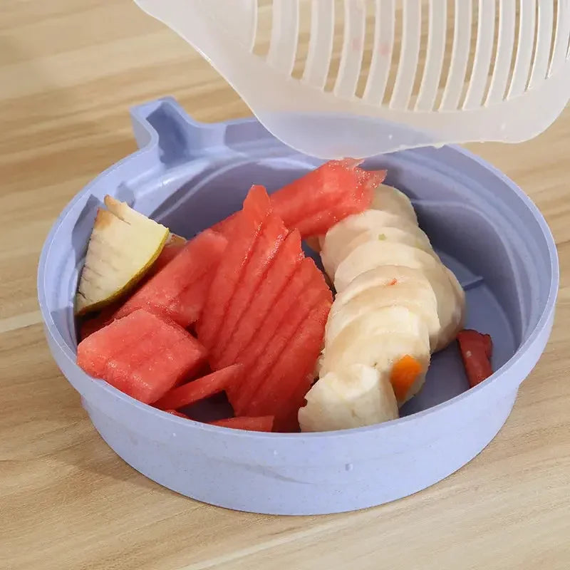 2 in 1 Vegetable and Fruit and Cutter Salad Maker with Safety Holder Slicer with Bowl and Plate for wash Vegetable, Multi Color - Confia