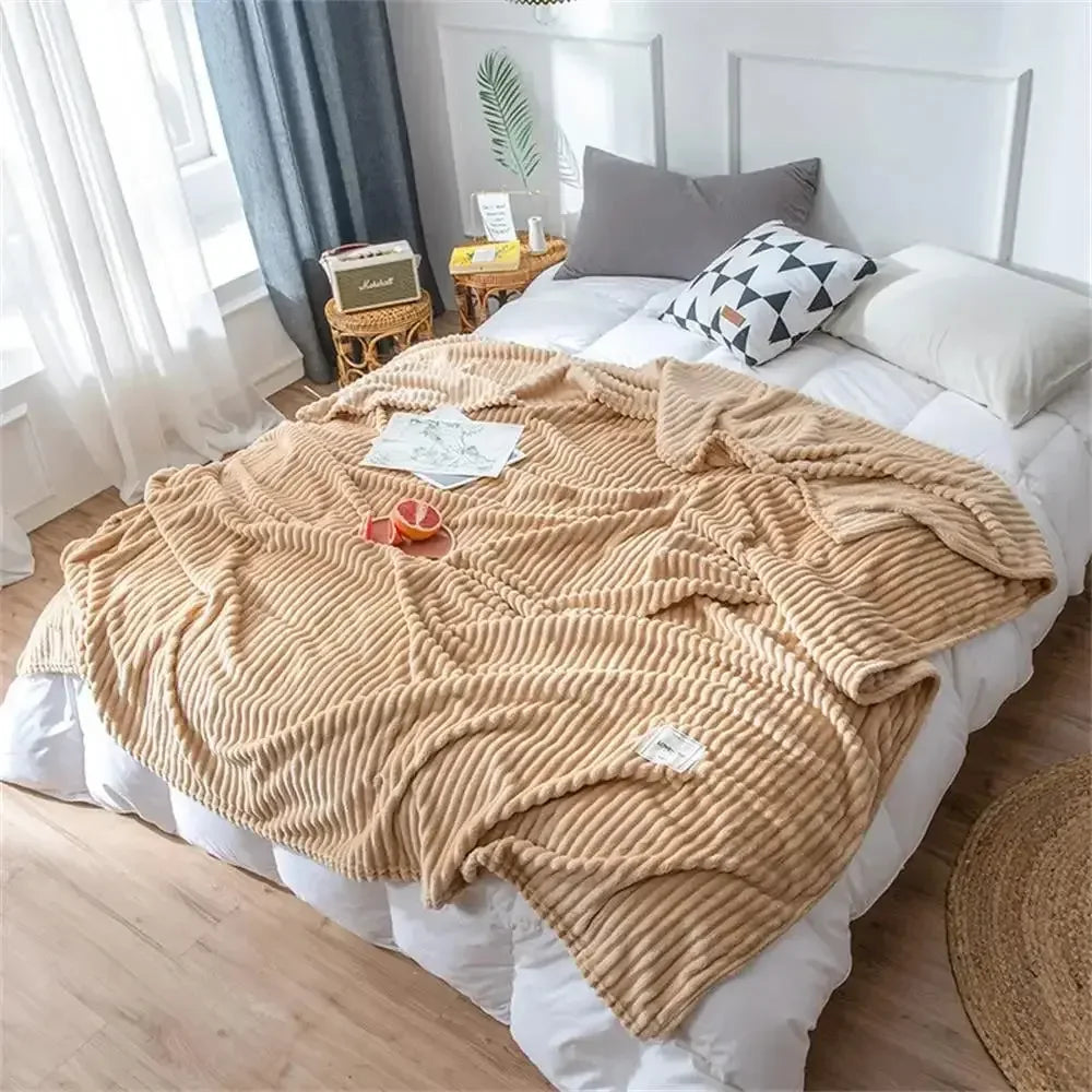 Striped Flannel Blankets For Beds Solid Pink Blue Color Soft Warm Mink Throw Sofa Cover Bedspread Beach Airplane Travel Blankets - Confia - reusablefoodstoragebags confia
