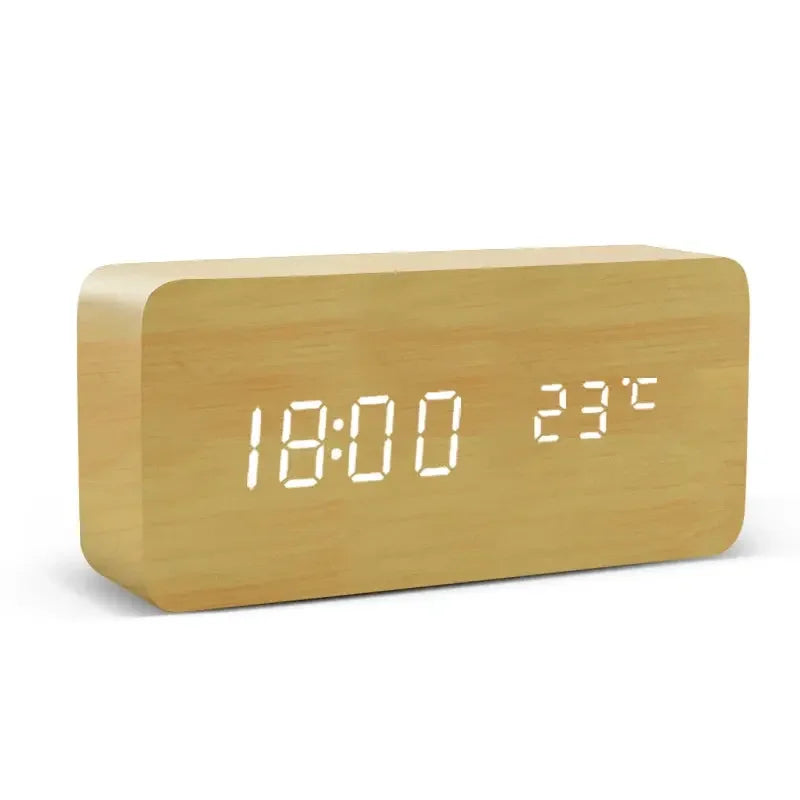 Alarm Clock LED Wooden Watch Table Voice Control Digital Wood Despertador USB/AAA Powered Electronic Desktop Clocks - Confia