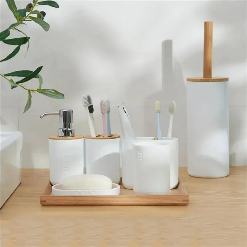 Bathroom Wash Accessories Bamboo Wood Set Ribbed Design with Bamboo Accents, Includes Soap Dispenser, Toothbrush Holder, Tumbler & Soap Dish (White) - Confia - reusablefoodstoragebags confia