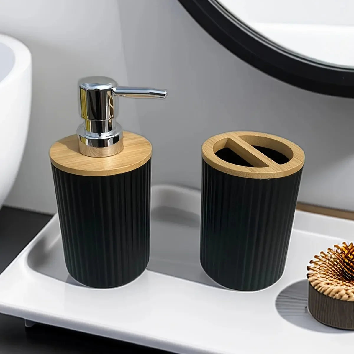 3-Piece Soap Dispenser Set for Bathroom – Soap Dispenser for Wash Basin, Toothbrush Holder, Vanity Tray & Countertop Organizer for Modern Bathroom Décor & Sink Storage - Confia - reusablefoodstoragebags confia