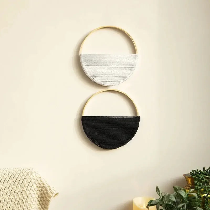 2Pcs Hand Woven Bohemian Wall Hanging Circular Wooden Cotton Rope Wall Decor Art Chic Bedroom Living Room Ideal Tapestries - Confia