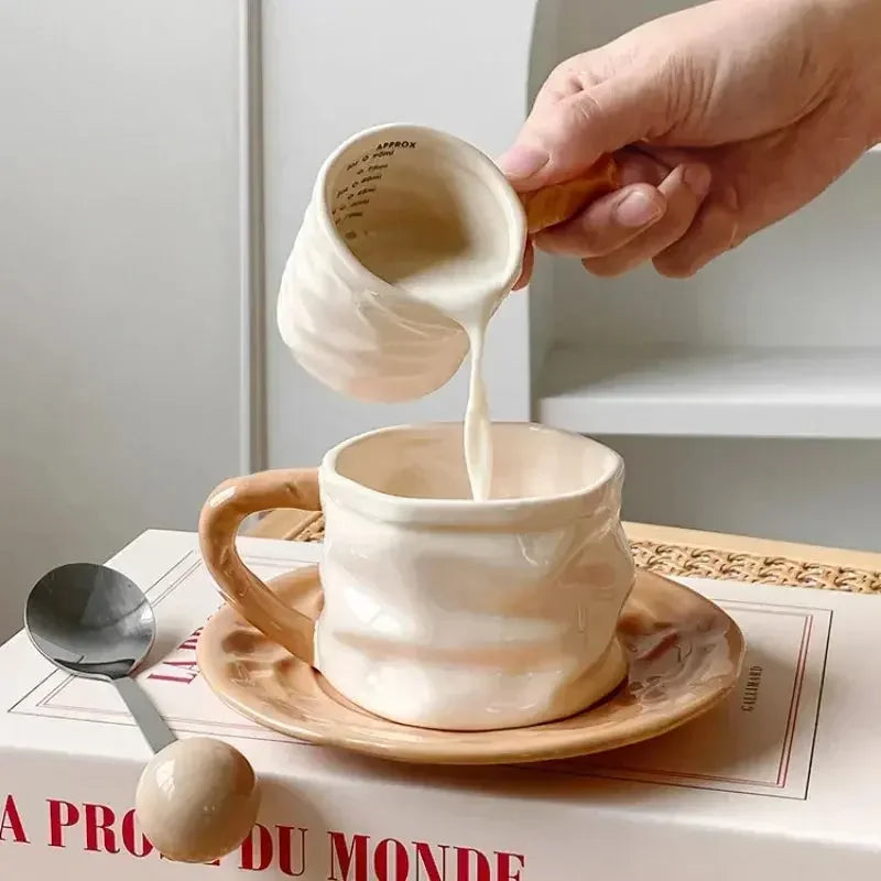 230ml Ceramics Coffee Cups and Saucers Creative Pleated Design Ceramics Mug Afternoon Tea Cup Breakfast Milk Couple Water Cup - Confia