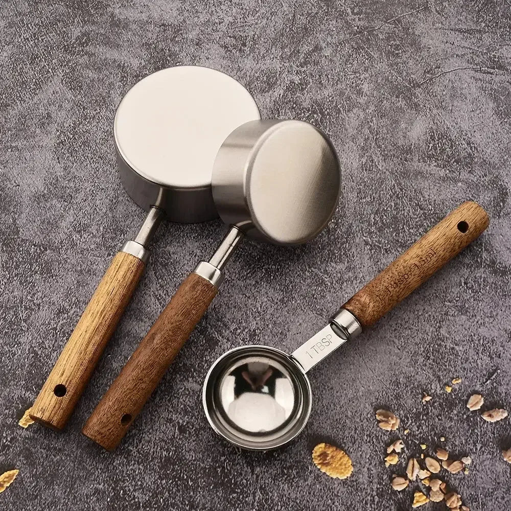 1/4/8pcs Stainless Steel Measuring Spoons With Scale Wooden Handle Household Kitchen Dining Bar Baking Tools Measuring Cups - Confia