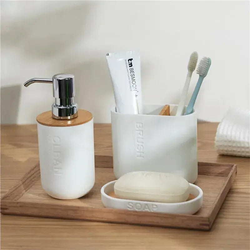 Bathroom Wash Accessories Bamboo Wood Set Ribbed Design with Bamboo Accents, Includes Soap Dispenser, Toothbrush Holder, Tumbler & Soap Dish (White) - Confia - reusablefoodstoragebags confia