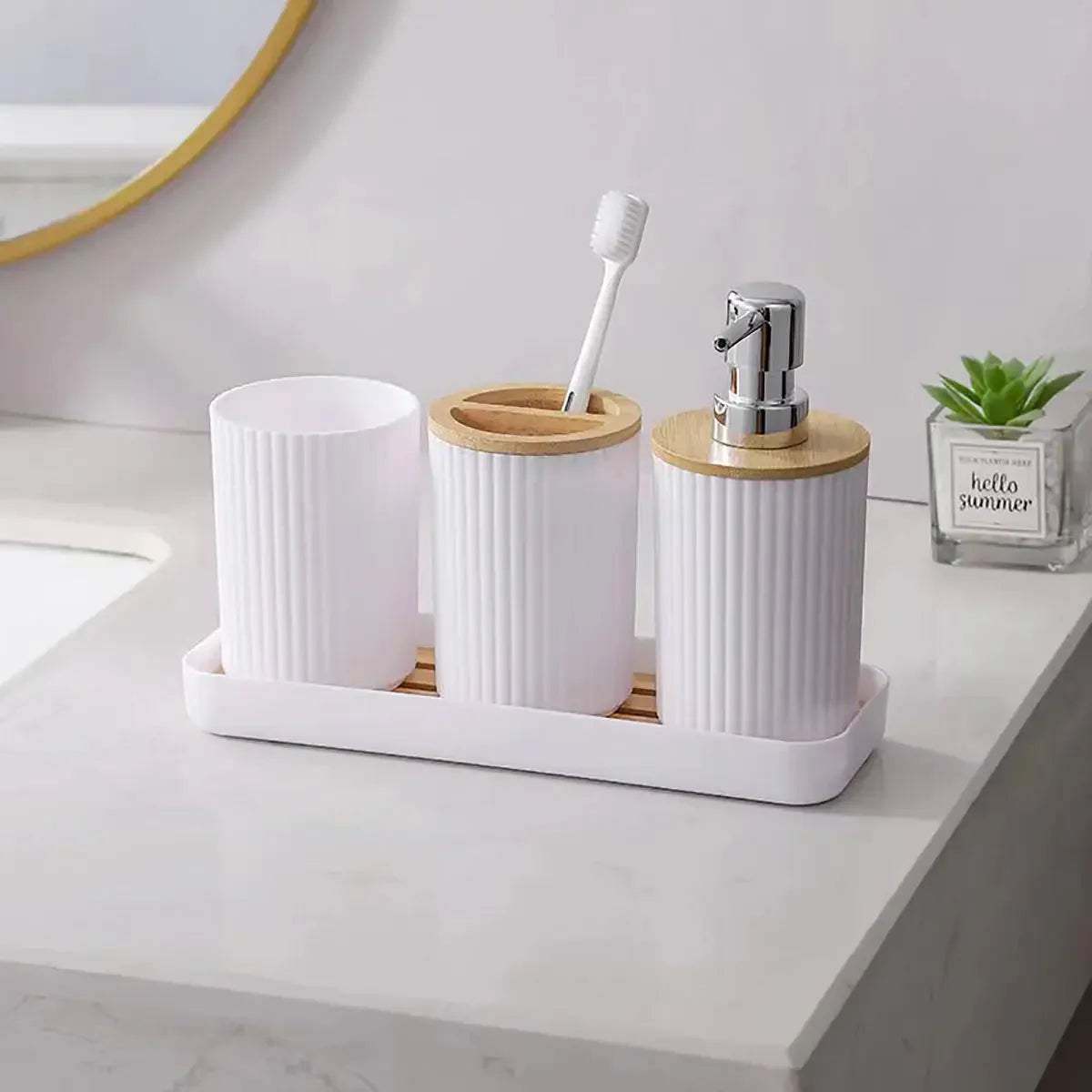 3-Piece Soap Dispenser Set for Bathroom – Soap Dispenser for Wash Basin, Toothbrush Holder, Vanity Tray & Countertop Organizer for Modern Bathroom Décor & Sink Storage - Confia - reusablefoodstoragebags confia