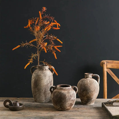 Ceramic Vase Retro Wabi Sabi Pottery Handmade Distressed Flower Vase Plant Container for Entryway Dining Room Bookshelf Rustic - Confia