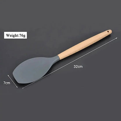 Silicone world Cooking Kitchenware Tool Silicone Utensils With Wooden Multifunction Handle Non-Stick Spatula Spoon Brush - Confia