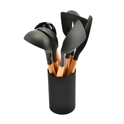 Silicone world Cooking Kitchenware Tool Silicone Utensils With Wooden Multifunction Handle Non-Stick Spatula Spoon Brush - Confia