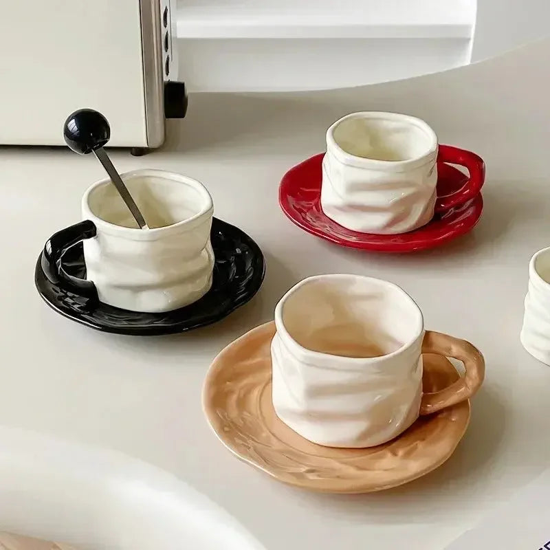230ml Ceramics Coffee Cups and Saucers Creative Pleated Design Ceramics Mug Afternoon Tea Cup Breakfast Milk Couple Water Cup - Confia
