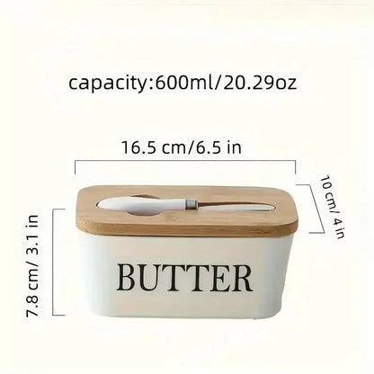 Ceramic Butter Boxes Dishes Wooden Large Butter Box Container Keeper Storage with Stainless Steel Butter Knife Spreader, Multi - Confia