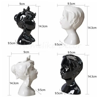 Ceramic Head Face Vase Small Lovers Kiss Statue Flower Pot White Black Modern Planter for Home Table Decoration Floral Art Gifts - Confia