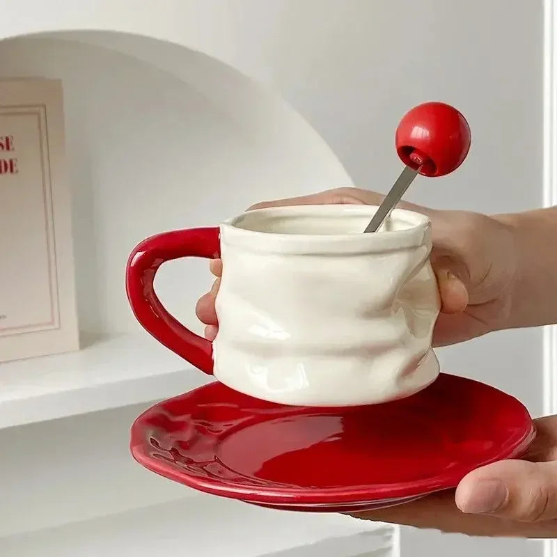 230ml Ceramics Coffee Cups and Saucers Creative Pleated Design Ceramics Mug Afternoon Tea Cup Breakfast Milk Couple Water Cup - Confia