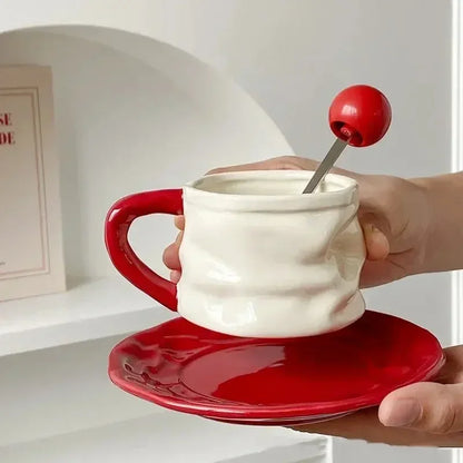 230ml Ceramics Coffee Cups and Saucers Creative Pleated Design Ceramics Mug Afternoon Tea Cup Breakfast Milk Couple Water Cup - Confia