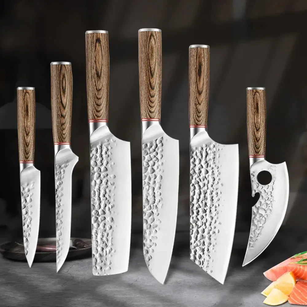 Kitchen Chef Knives Hand Forged Hammer Fruit Vegetable Meat Butcher Cleaver Professional Sharp Slicing Boning Knife with Holder - Confia