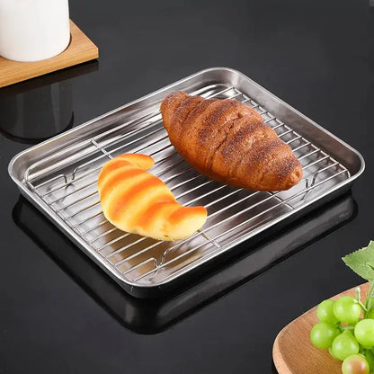 BBQ Bakeware for Baking Cooking Sheet & Rack Set, Stainless Steel Cookies Sheet Large Oven Pan Tray Cooling Grid Rack for Bread Meats, Non Stick Rectangular Deep Dish Oven - Confia