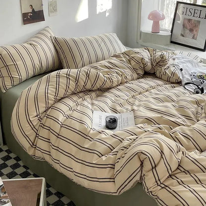 Microfiber Solid Satin Stripe Cotton AC Comforter Set King Size Double Bed with 1 Flat Bedsheet Linen Duvet Cover Set - Confia - reusablefoodstoragebags confia