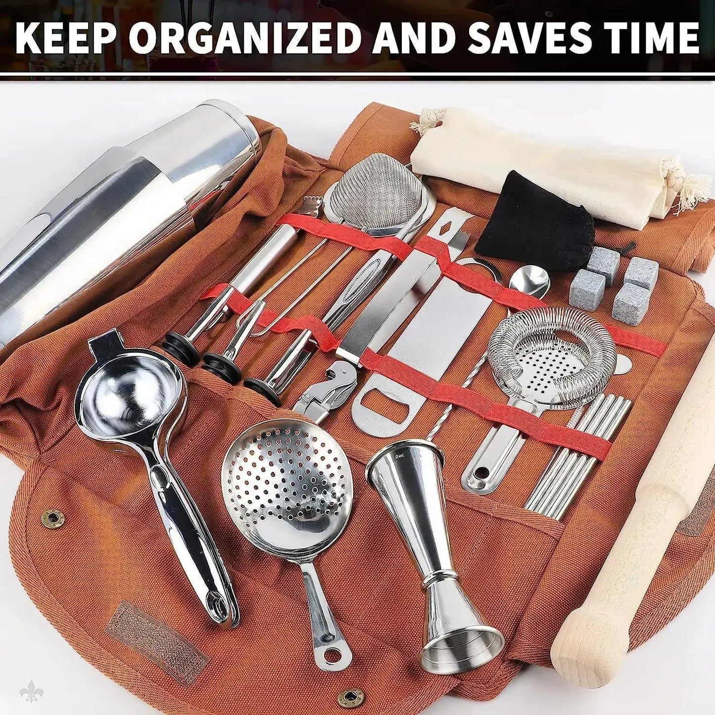 Bartender Bag,Bartender Kit Bag, Portable Waxed Canvas Bag Can Use For Professional 17-Piece Bar Tool Set, Including Shoulder Strap for Easy Carry - Confia