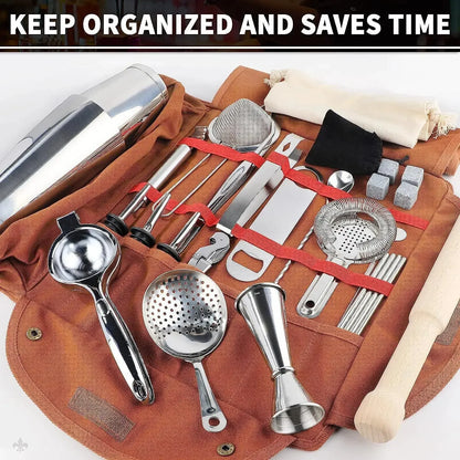 Bartender Bag,Bartender Kit Bag, Portable Waxed Canvas Bag Can Use For Professional 17-Piece Bar Tool Set, Including Shoulder Strap for Easy Carry - Confia