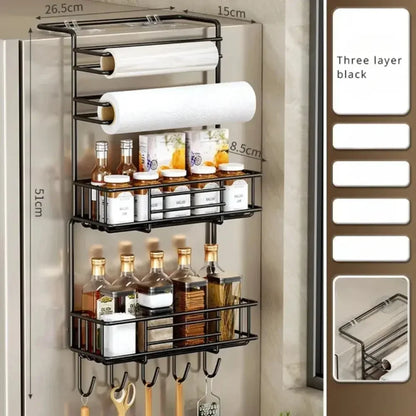 Magnetic Fridge Spice Rack, Space Saving Organizer Black Shelf on Refrigerator, Kitchen Paper Towel Holder, Foldable Design - Confia - reusablefoodstoragebags confia