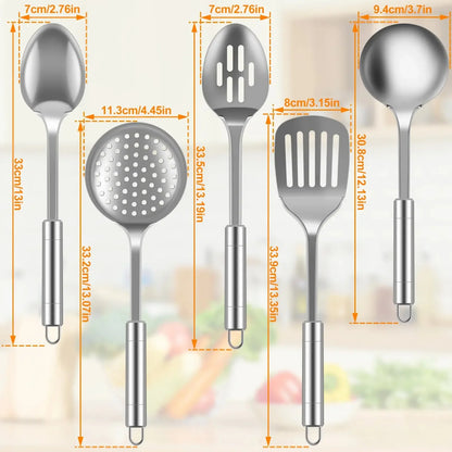 5Pcs Kitchen Cooking Utensils Set Stainless Steel Spoons Spatula with Ergonomic Handle Heavy-Duty Washable Spoons Utensils - Confia