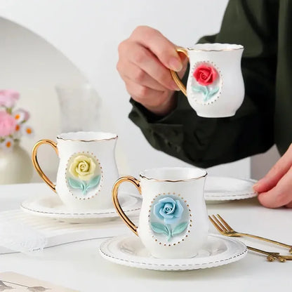 Ceramic rose cup, coffee cup plate set, handmade ceramic flower cup Gift for Women - Confia