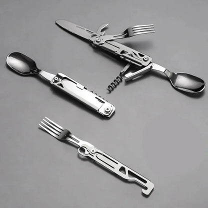 Outdoor Tableware Multi-function Portable Folding Spoon, Fork, Knife, Cork Opener and Bottle Can Opener for Travel Foldable Cutlery Camping Equipment - Confia