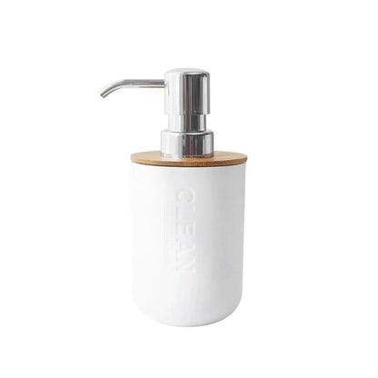 Bathroom Wash Accessories Bamboo Wood Set Ribbed Design with Bamboo Accents, Includes Soap Dispenser, Toothbrush Holder, Tumbler & Soap Dish (White) - Confia - reusablefoodstoragebags confia