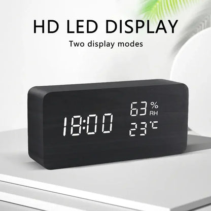 Alarm Clock LED Wooden Watch Table Voice Control Digital Wood Despertador USB/AAA Powered Electronic Desktop Clocks - Confia