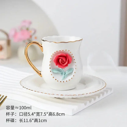 Ceramic rose cup, coffee cup plate set, handmade ceramic flower cup Gift for Women - Confia
