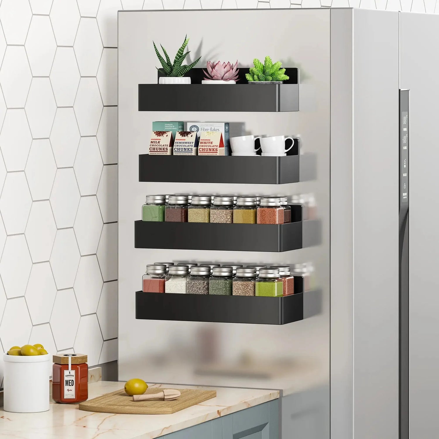 4 Pack Magnetic Spice Storage Rack Organizer for Refrigerator and Oven, Black Fridge Organizers and Storage - Confia - reusablefoodstoragebags confia