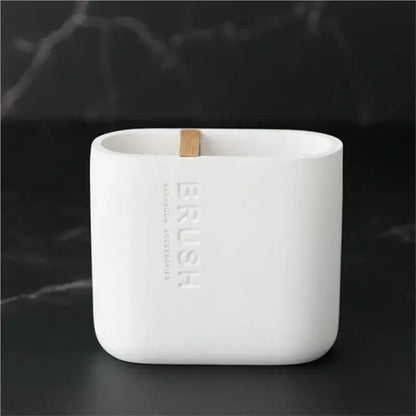 Bathroom Wash Accessories Bamboo Wood Set Ribbed Design with Bamboo Accents, Includes Soap Dispenser, Toothbrush Holder, Tumbler & Soap Dish (White) - Confia - reusablefoodstoragebags confia