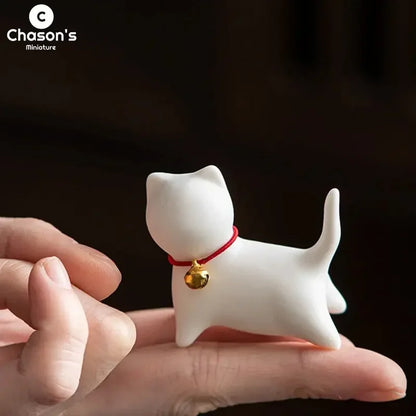 Ceramics Abstract Kawaii Cute Cat Kitten with Bell Tea Table Pet Desk Ornaments Animal Miniature Figurines Sculpture Home Decor - Confia